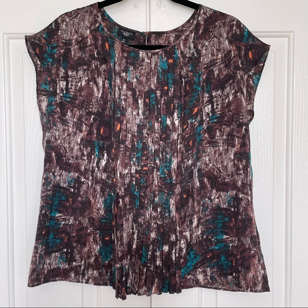 Talbots Women's size 16P Brown Pleated Cap Sleeve Round Neck Modest Career Top